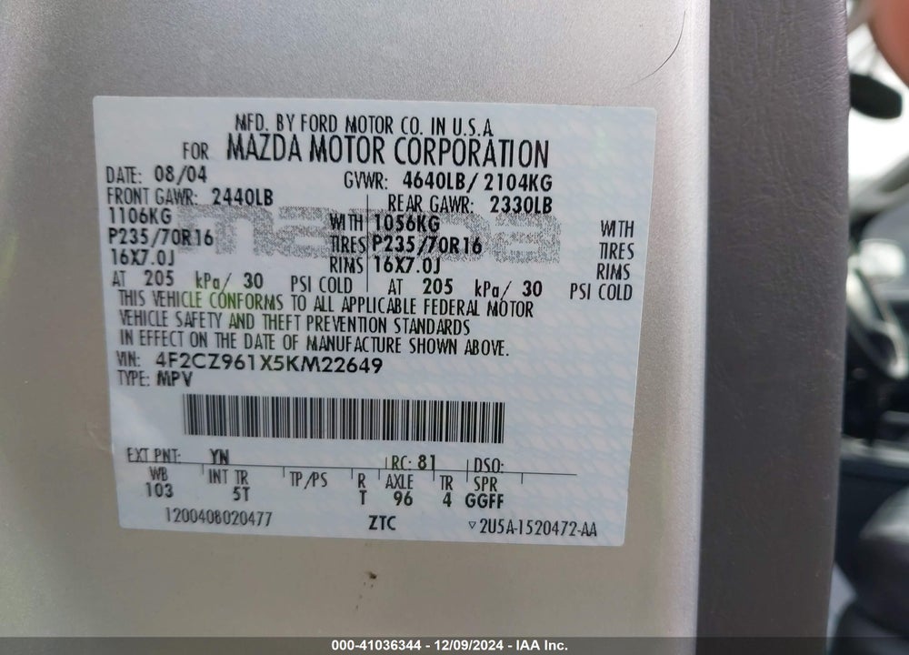 2005 MAZDA TRIBUTE S VIN: 4F2CZ961X5KM22649