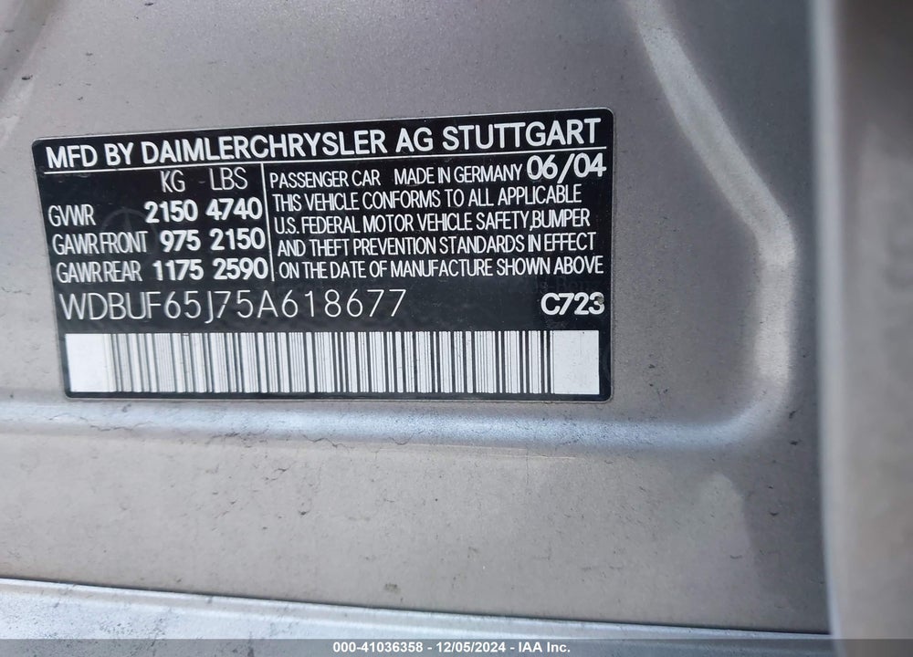 2005 MERCEDES-BENZ E 320 VIN: WDBUF65J75A618677