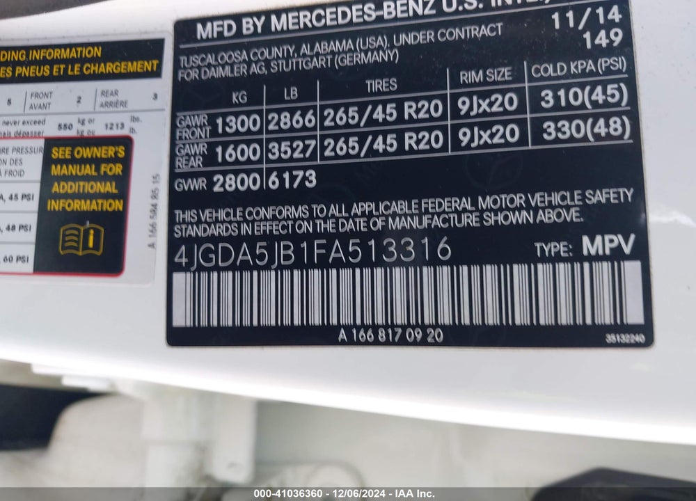 2015 MERCEDES-BENZ ML 350 VIN: 4JGDA5JB1FA513316