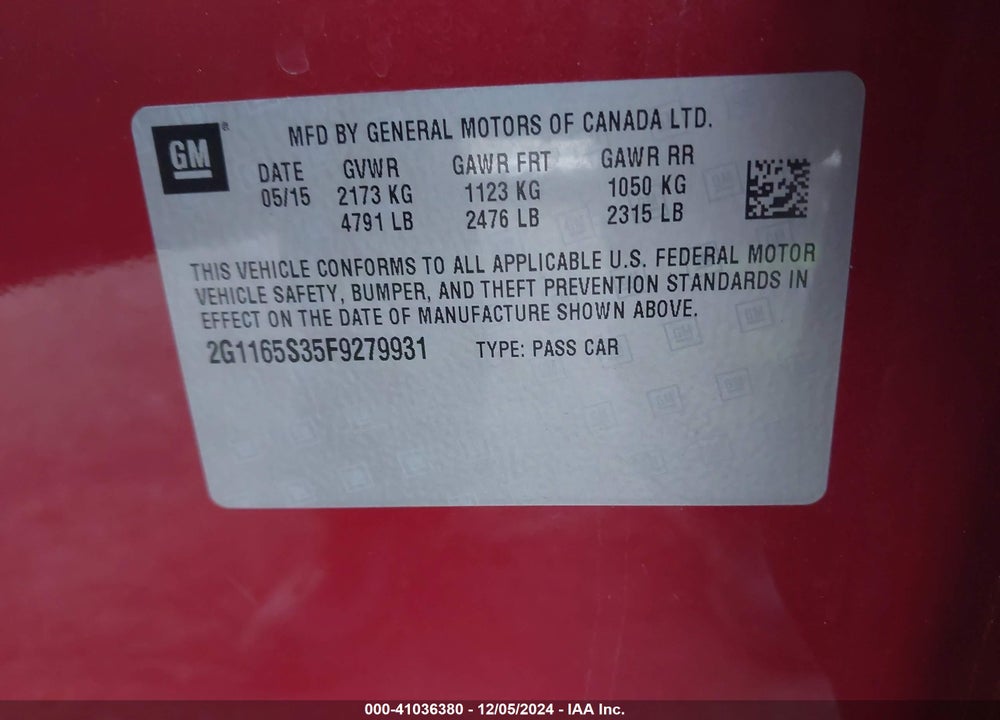 2015 CHEVROLET IMPALA 2LZ VIN: 2G1165S35F9279931