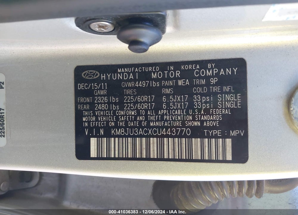 2012 HYUNDAI TUCSON GLS VIN: KM8JU3ACXCU443770