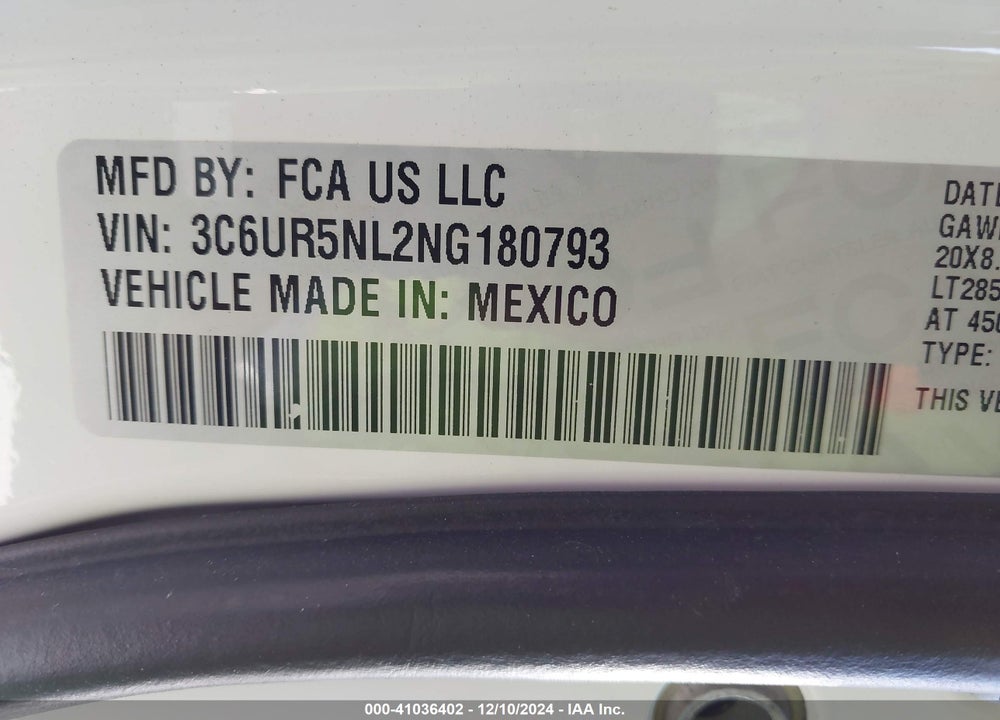 2022 RAM 2500 VIN: 3C6UR5NL2NG180793