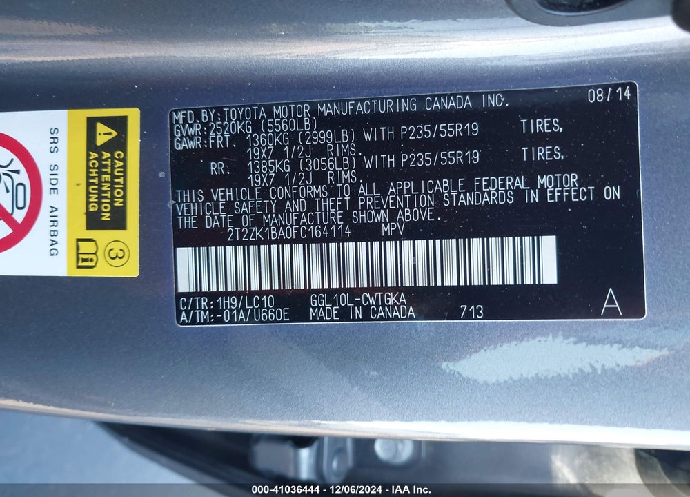 2015 LEXUS RX 350 VIN: 2T2ZK1BA0FC164114
