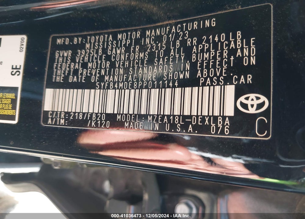 2023 TOYOTA COROLLA LE VIN: 5YFB4MDE8PP011144