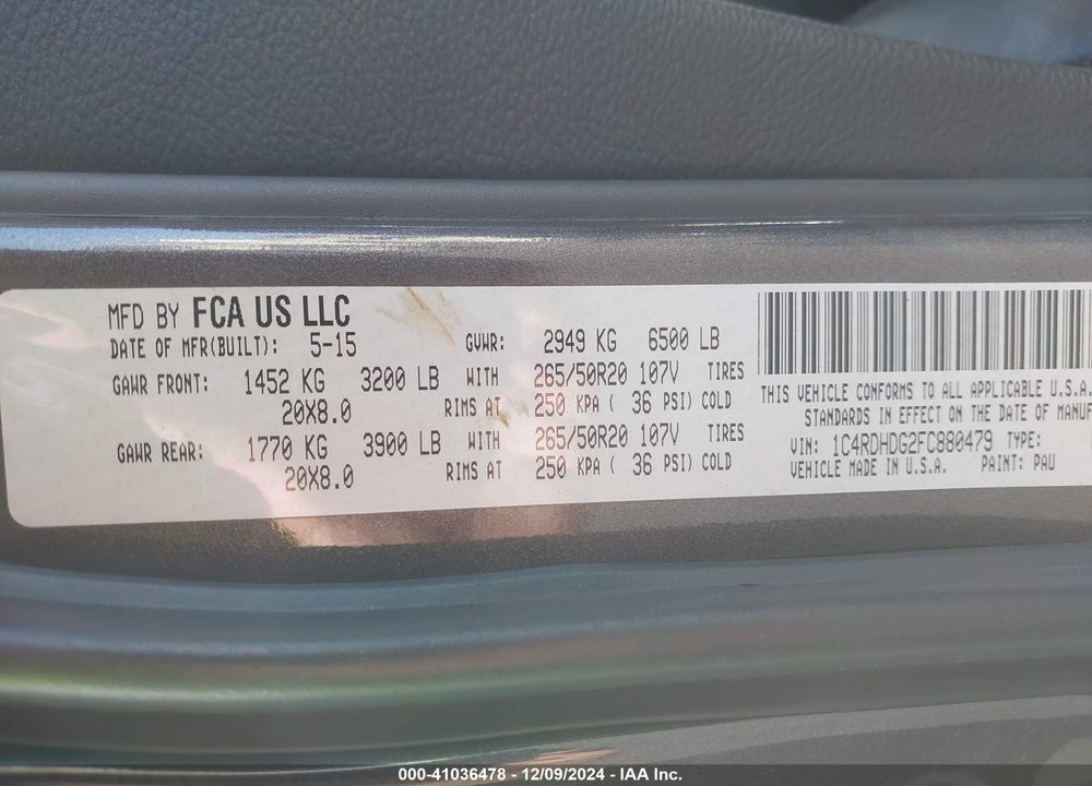 2015 DODGE DURANGO LIMITED VIN: 1C4RDHDG2FC880479