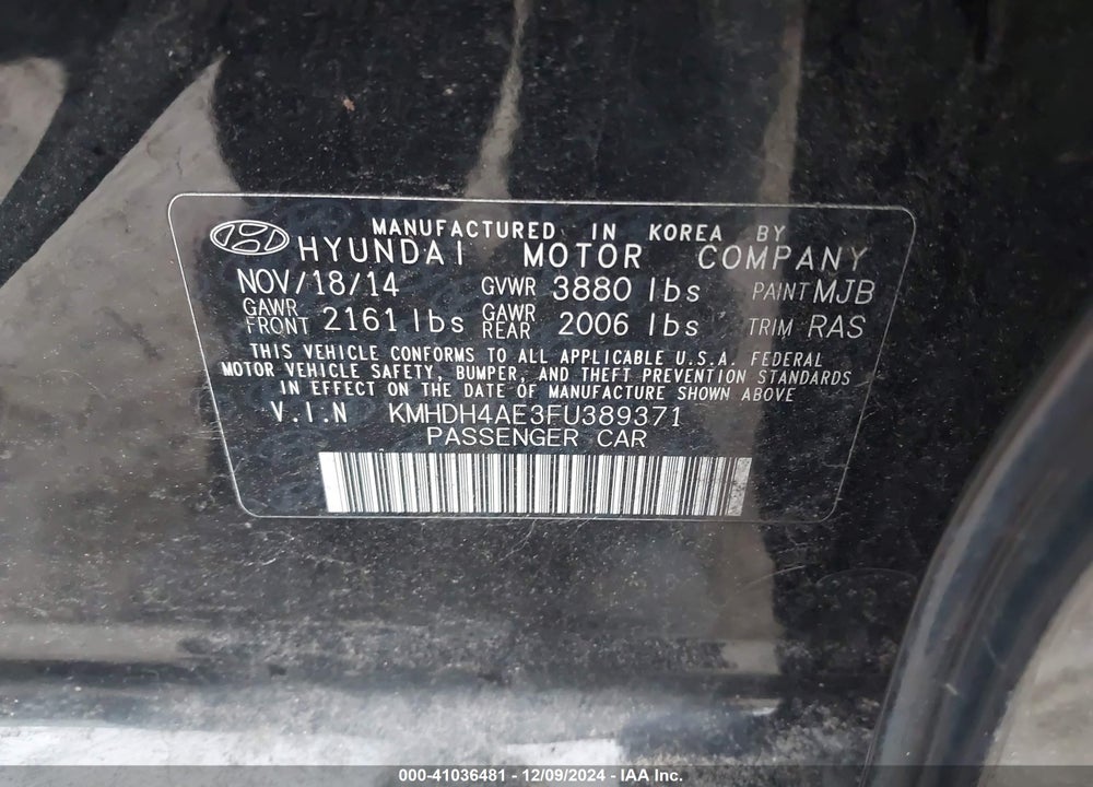2015 HYUNDAI ELANTRA SE VIN: KMHDH4AE3FU389371