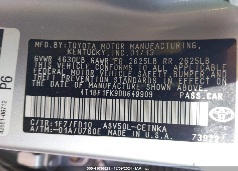 2013 TOYOTA CAMRY LE VIN: 4T1BF1FK9DU649909