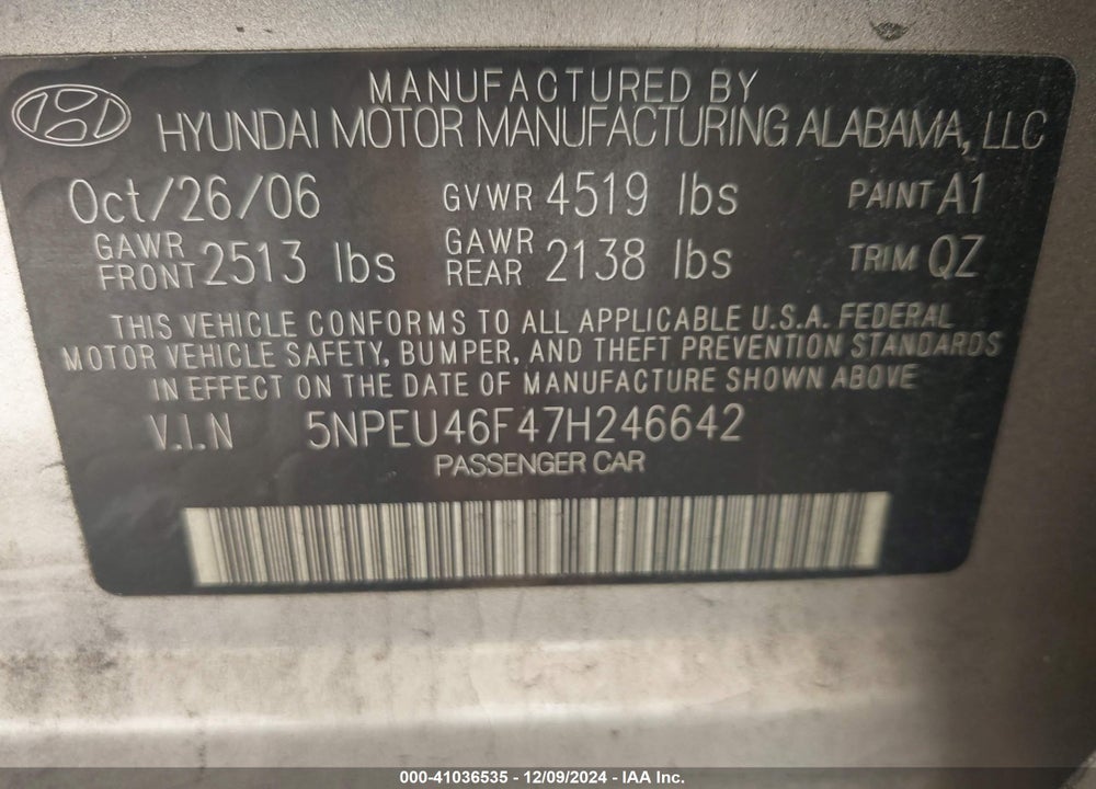 2007 HYUNDAI SONATA LIMITED/SE V6 VIN: 5NPEU46F47H246642