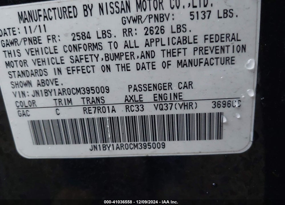 2012 INFINITI M37X VIN: JN1BY1AR0CM395009