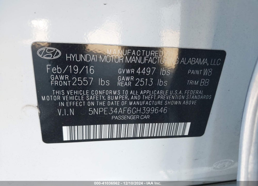 2016 HYUNDAI SONATA SPORT VIN: 5NPE34AF6GH399646