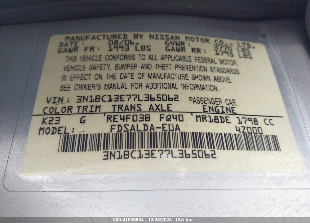 2007 NISSAN VERSA 1.8S VIN: 3N1BC13E77L365062
