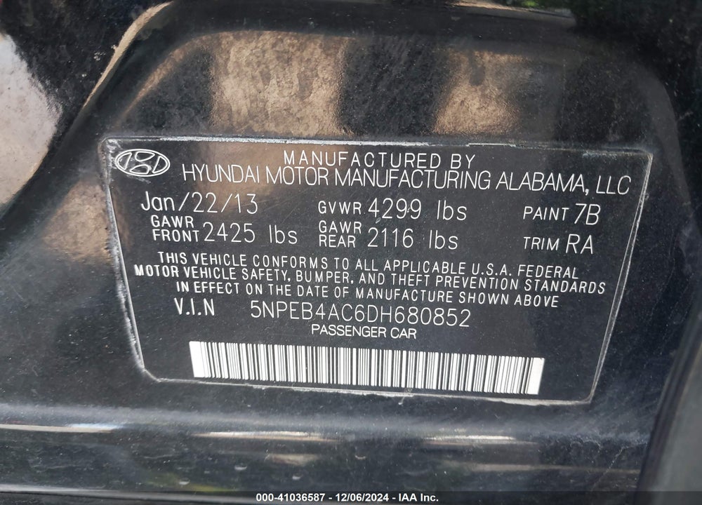 2013 HYUNDAI SONATA GLS VIN: 5NPEB4AC6DH680852