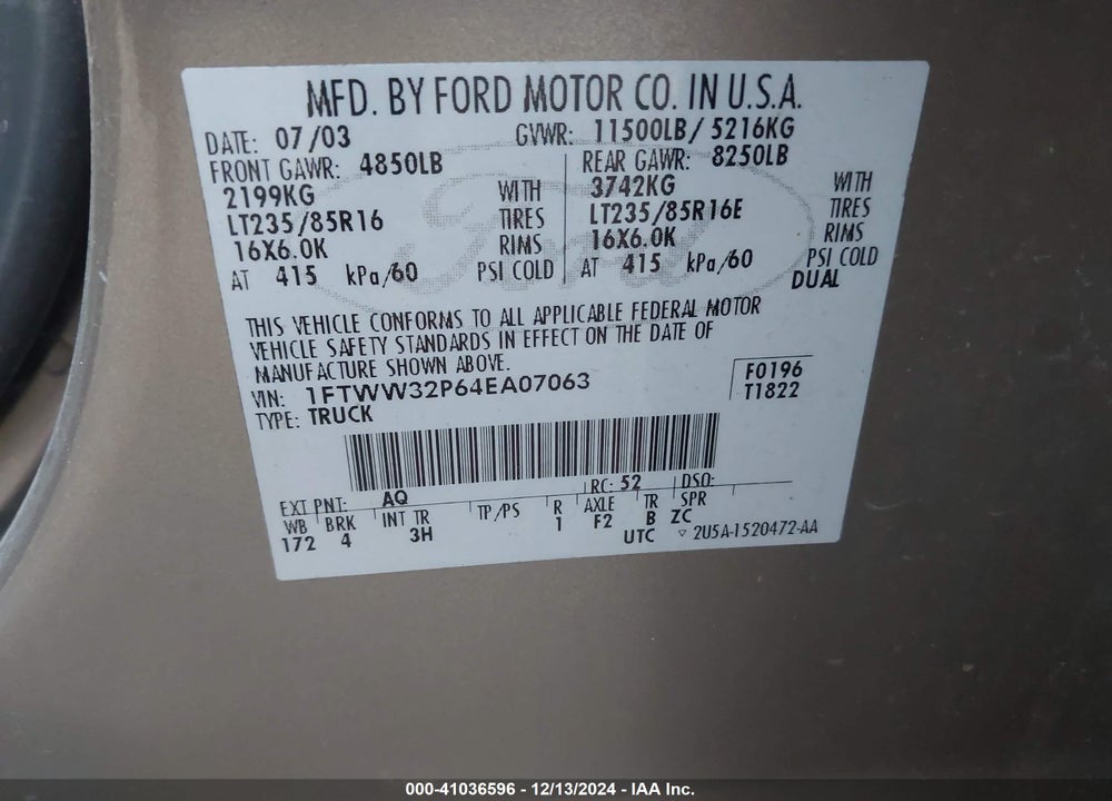 2004 FORD F-350 LARIAT/XL/XLT VIN: 1FTWW32P64EA07063
