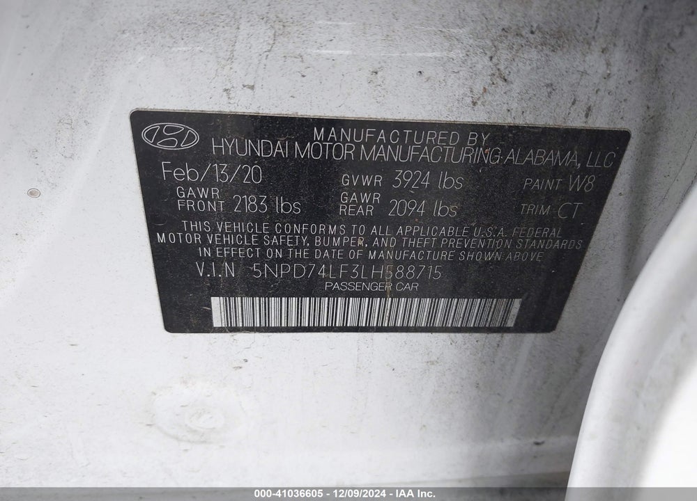 2020 HYUNDAI ELANTRA VIN: 5NPD74LF3LH588715