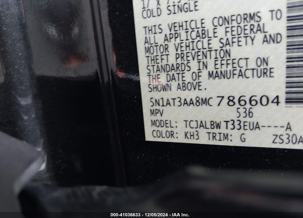 2021 NISSAN ROGUE S FWD VIN: 5N1AT3AA8MC786604