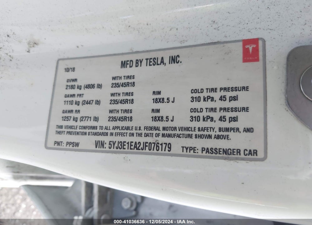 2018 TESLA MODEL 3 LONG RANGE/MID RANGE VIN: 5YJ3E1EA2JF076179