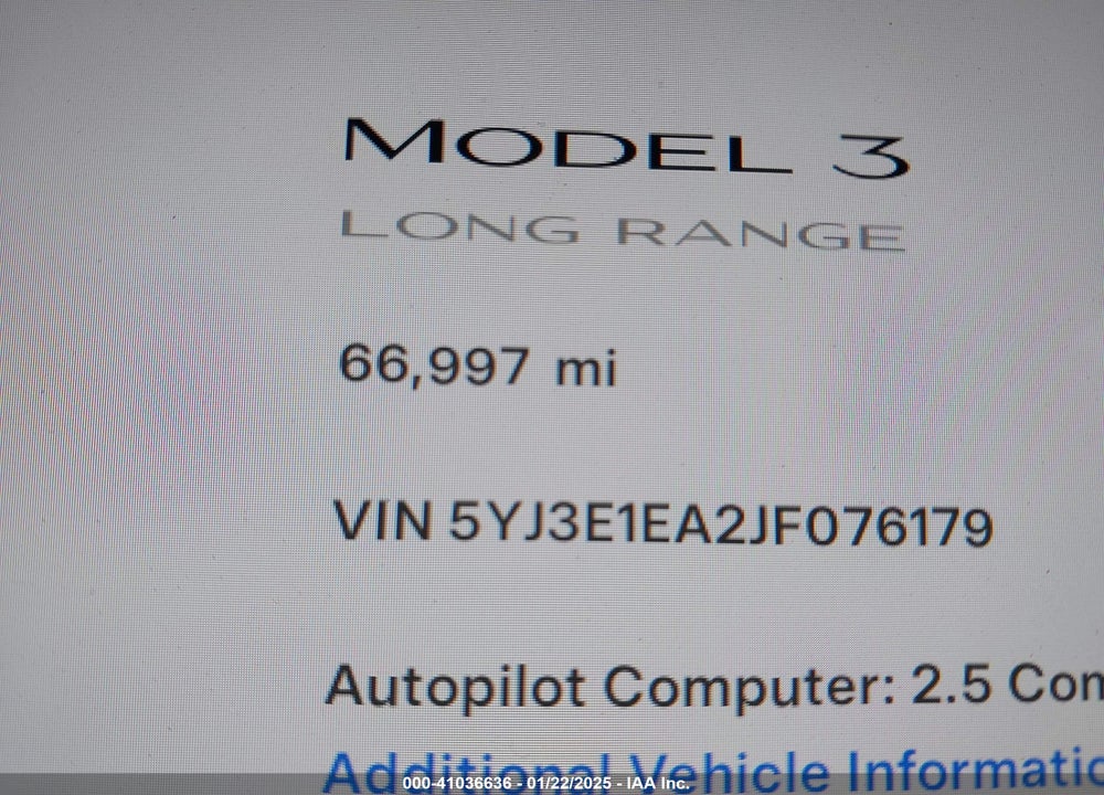 2018 TESLA MODEL 3 LONG RANGE/MID RANGE VIN: 5YJ3E1EA2JF076179
