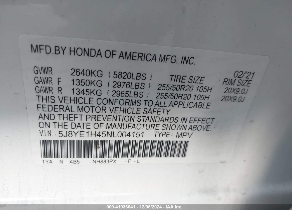 2022 ACURA MDX TECHNOLOGY PACKAGE VIN: 5J8YE1H45NL004151