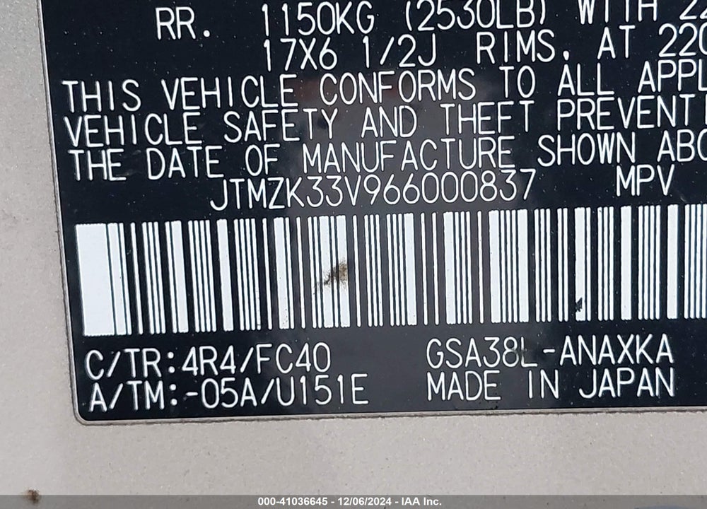 2006 TOYOTA RAV4 BASE V6 VIN: JTMZK33V966000837