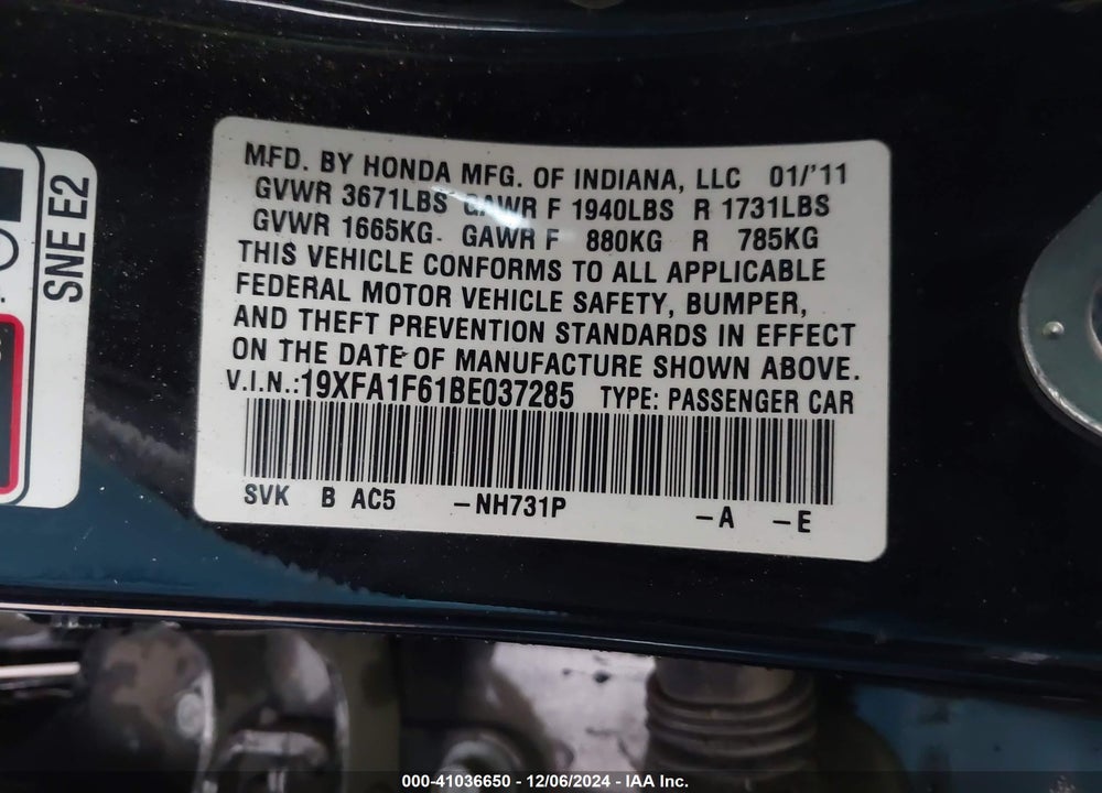 2011 HONDA CIVIC VIN: 19XFA1F61BE037285