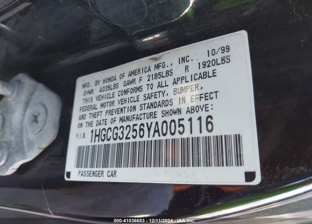 2000 HONDA ACCORD 2.3 EX VIN: 1HGCG3256YA005116