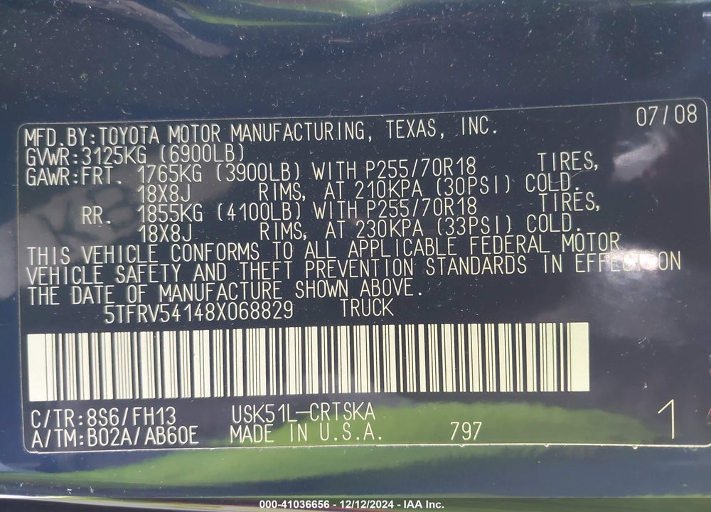 2008 TOYOTA TUNDRA BASE 5.7L V8 VIN: 5TFRV54148X068829