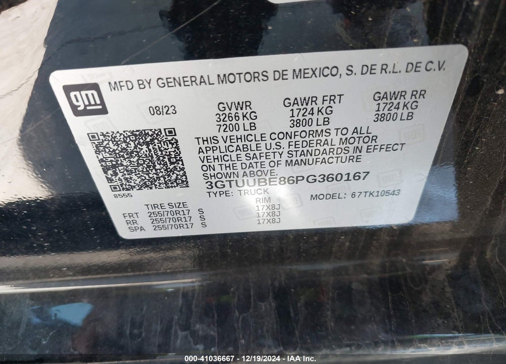 2023 GMC SIERRA 1500 VIN: 3GTUUBE86PG360167
