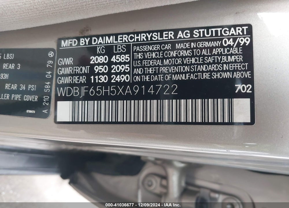 1999 MERCEDES-BENZ E 320 VIN: WDBJF65H5XA914722