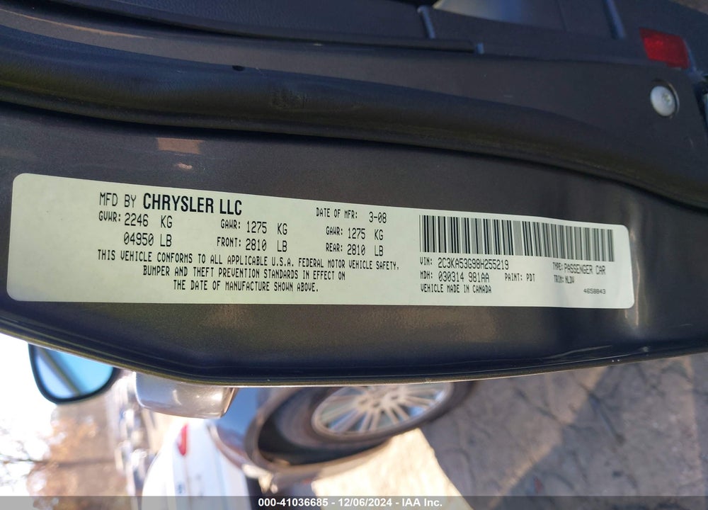 2008 CHRYSLER 300 TOURING VIN: 2C3KA53G98H255219