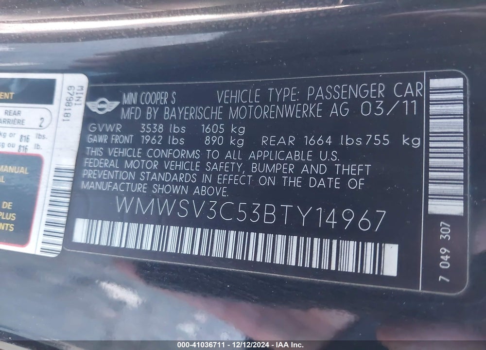 2011 MINI COOPER S VIN: WMWSV3C53BTY14967