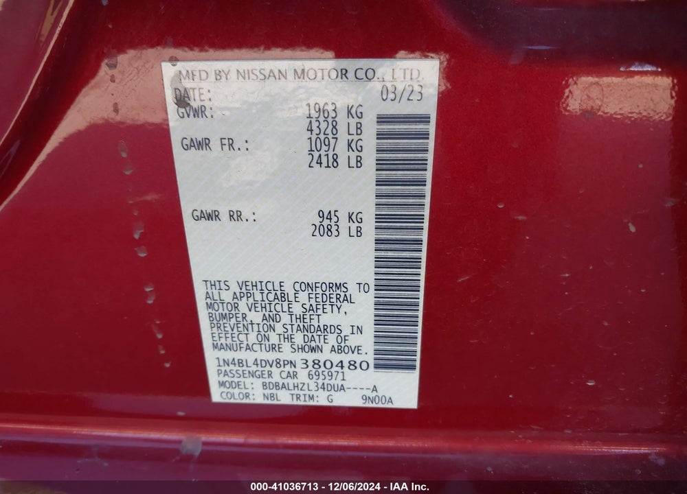 2023 NISSAN ALTIMA SV FWD VIN: 1N4BL4DV8PN380480