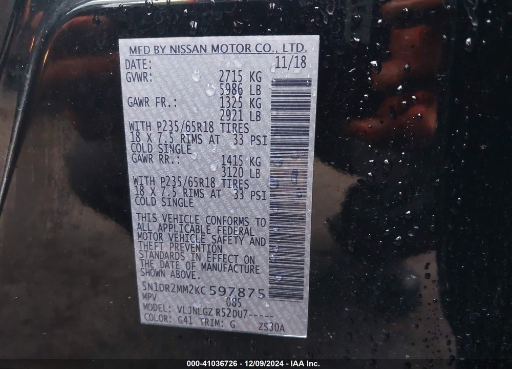 2019 NISSAN PATHFINDER SL VIN: 5N1DR2MM2KC597875