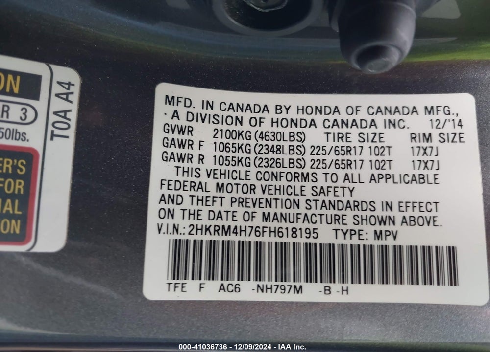 2015 HONDA CR-V EX-L VIN: 2HKRM4H76FH618195