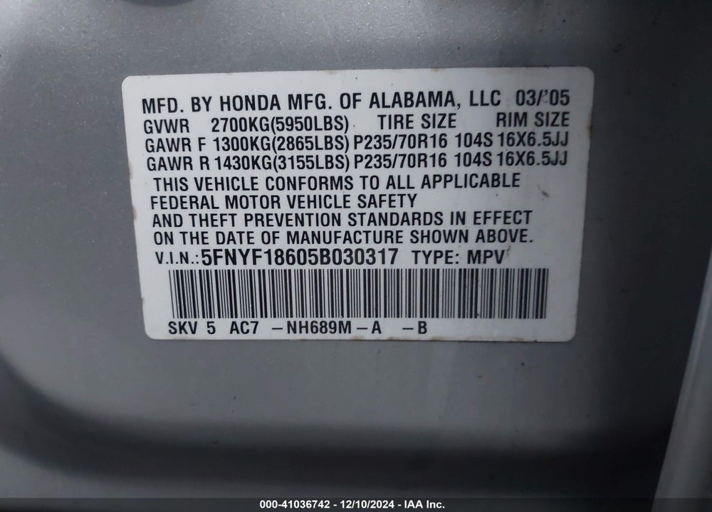 2005 HONDA PILOT EX-L VIN: 5FNYF18605B030317