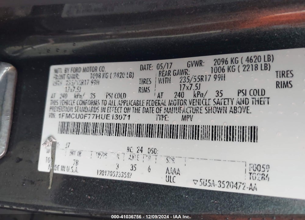 2017 FORD ESCAPE S VIN: 1FMCU0F77HUE13071