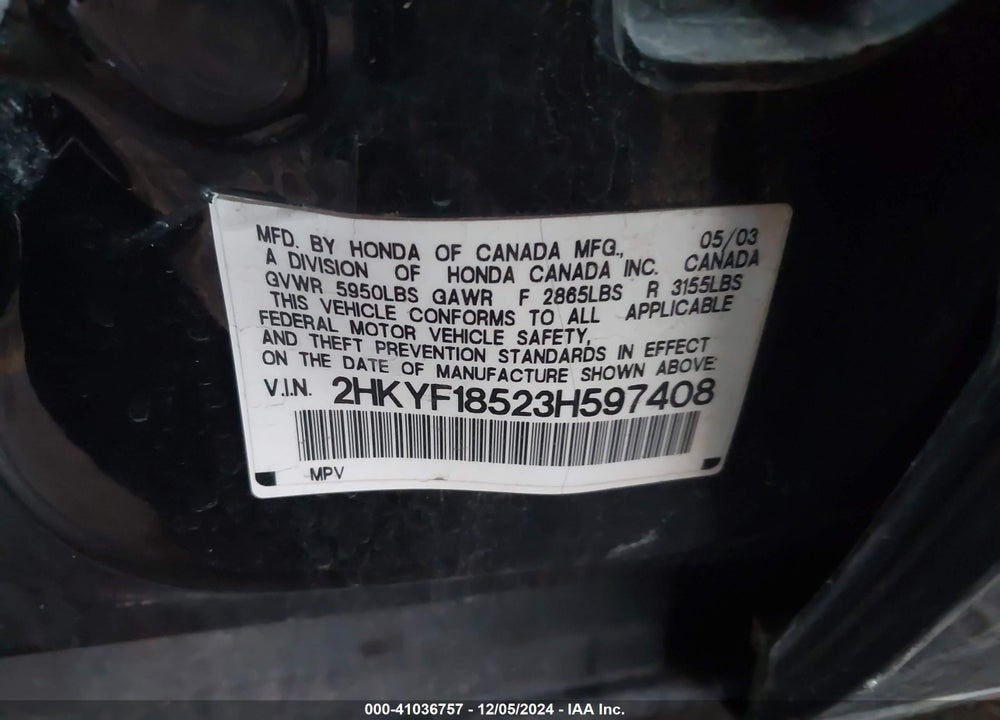 2003 HONDA PILOT EX-L VIN: 2HKYF18523H597408
