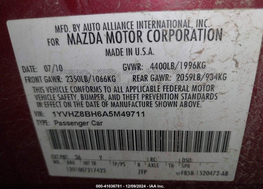 2010 MAZDA MAZDA6 VIN: 1YVHZ8BH6A5M49711
