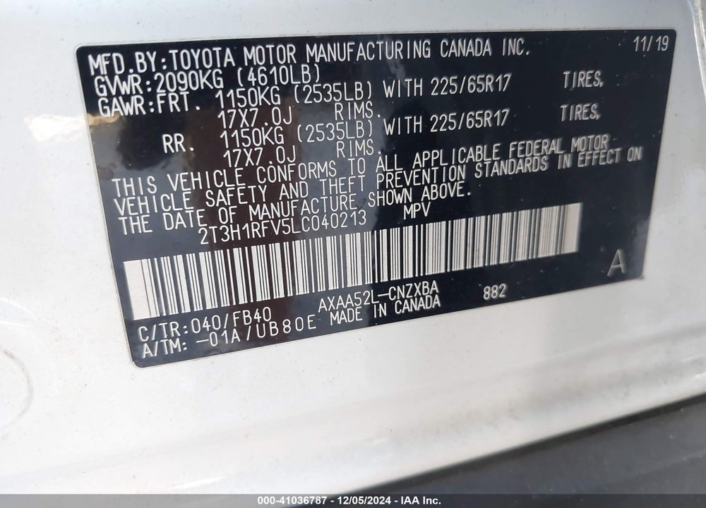 2020 TOYOTA RAV4 LE VIN: 2T3H1RFV5LC040213