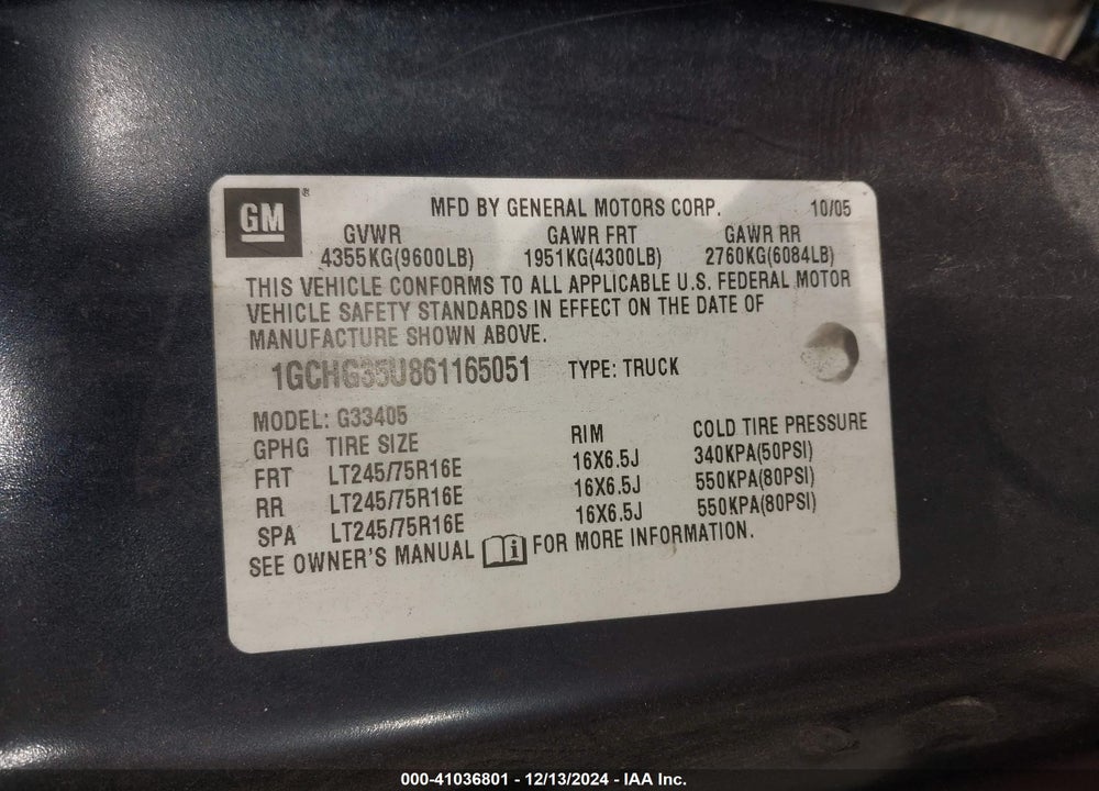 2006 CHEVROLET EXPRESS WORK VAN VIN: 1GCHG35U861165051