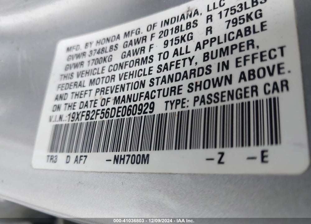 2013 HONDA CIVIC LX VIN: 19XFB2F56DE060929