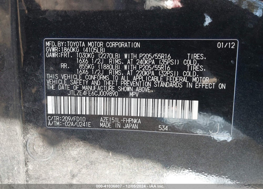 2012 SCION XB VIN: JTLZE4FE6CJ009890