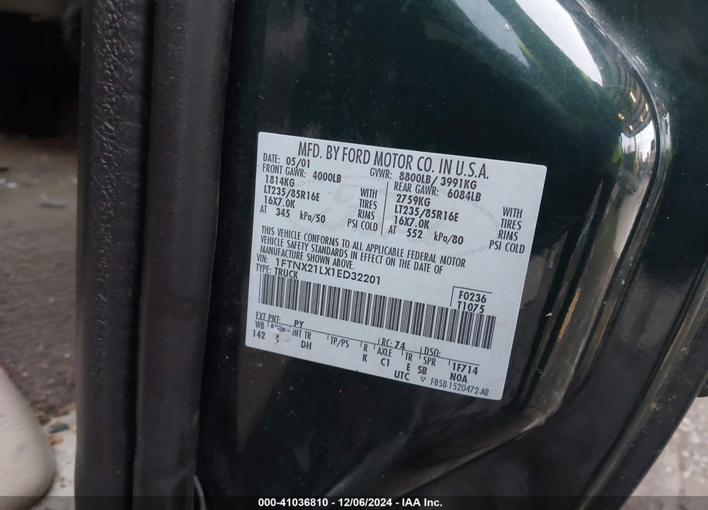 2001 FORD F-250 LARIAT/XL/XLT VIN: 1FTNX21LX1ED32201
