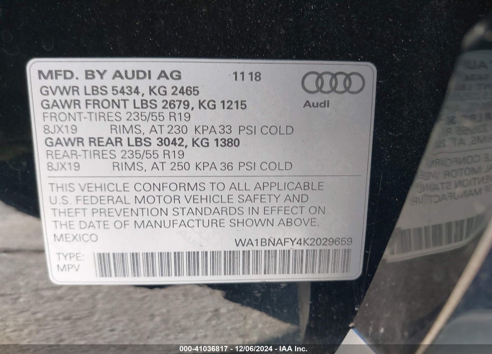 2019 AUDI Q5 45 PREMIUM VIN: WA1BNAFY4K2029659