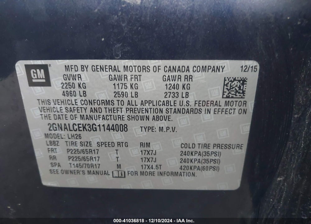 2016 CHEVROLET EQUINOX LT VIN: 2GNALCEK3G1144008