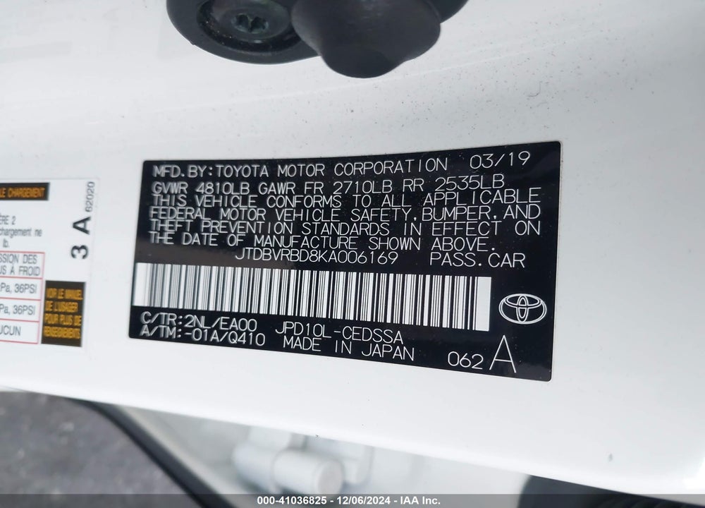 2019 TOYOTA MIRAI VIN: JTDBVRBD8KA006169