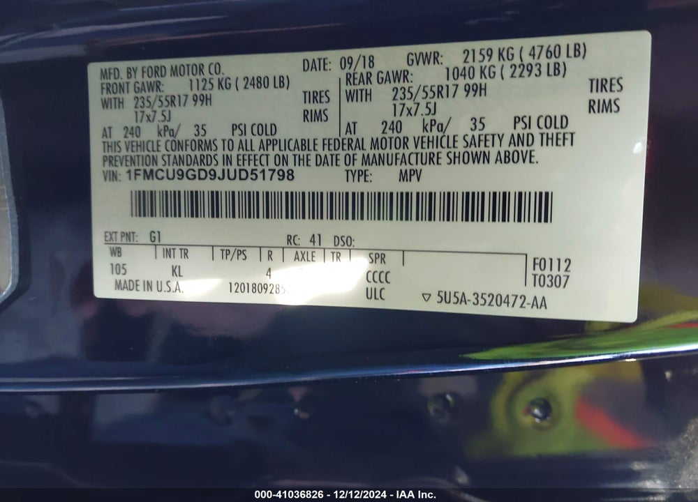 2018 FORD ESCAPE SE VIN: 1FMCU9GD9JUD51798
