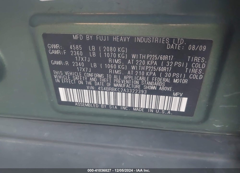 2010 SUBARU OUTBACK 2.5I LIMITED VIN: 4S4BRBKC2A3322393