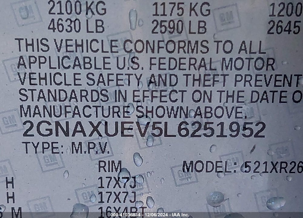 2020 CHEVROLET EQUINOX AWD LT 1.5L TURBO VIN: 2GNAXUEV5L6251952