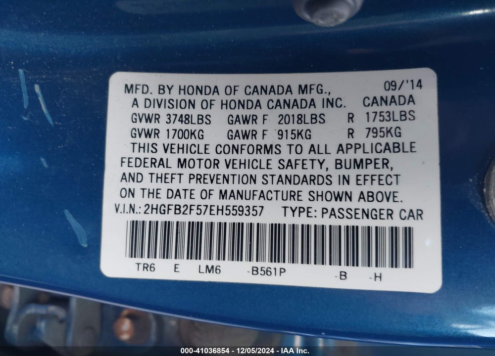 2014 HONDA CIVIC LX VIN: 2HGFB2F57EH559357