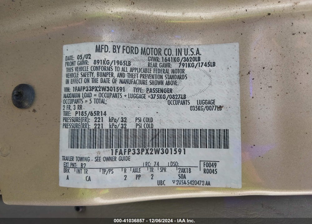 2002 FORD FOCUS LX VIN: 1FAFP33PX2W301591